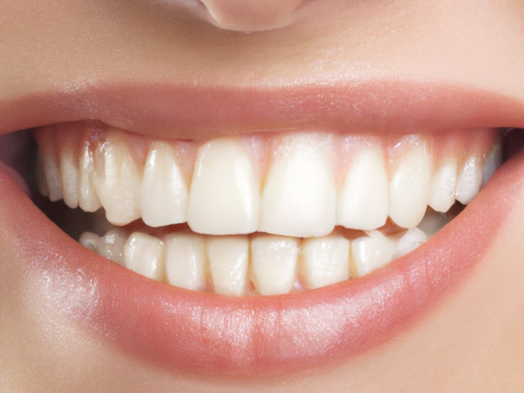 A detailed close-up of a perfect set of white teeth and lips in a bright smile.